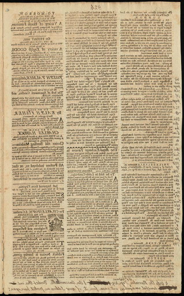 A clipping from the Boston-Gazette, and Country Journal, where Abigail Stoneman “begs leave to acquaint the public…The Royal Exchange Tavern in King-Street, Boston, New-England, being now repaired and fitted for the Reception of Company, will be opened this day as a coffee-house by Abigail Stoneman from Rhode-Island.”